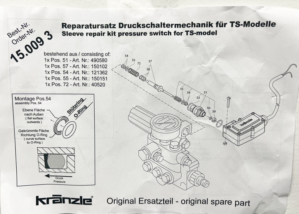  Kränzle Pressure Switch Control Piston Rebuild Kit