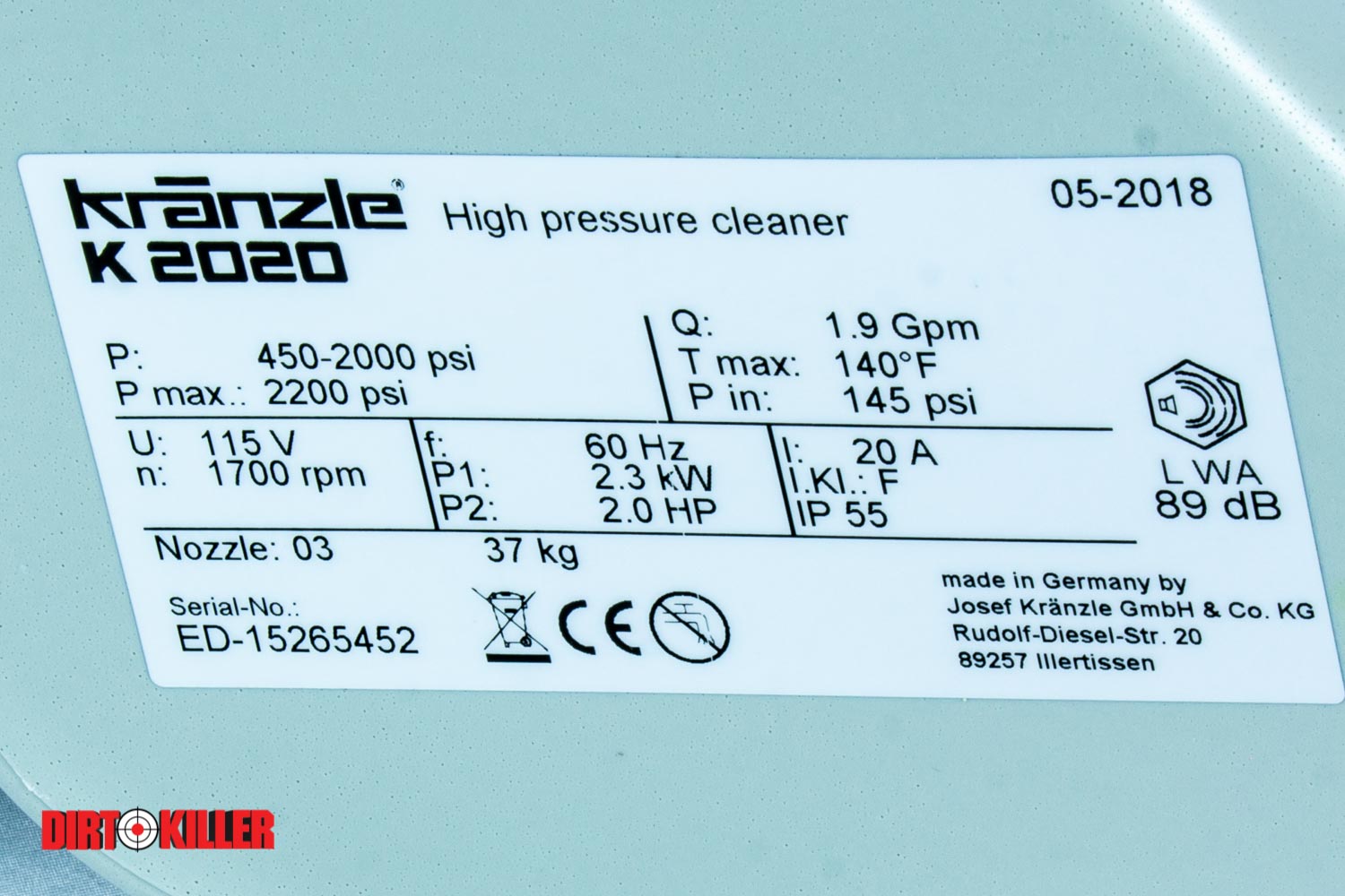 Kränzle K2020 2000 PSI 2.0 GPM Electric Pressure Washer